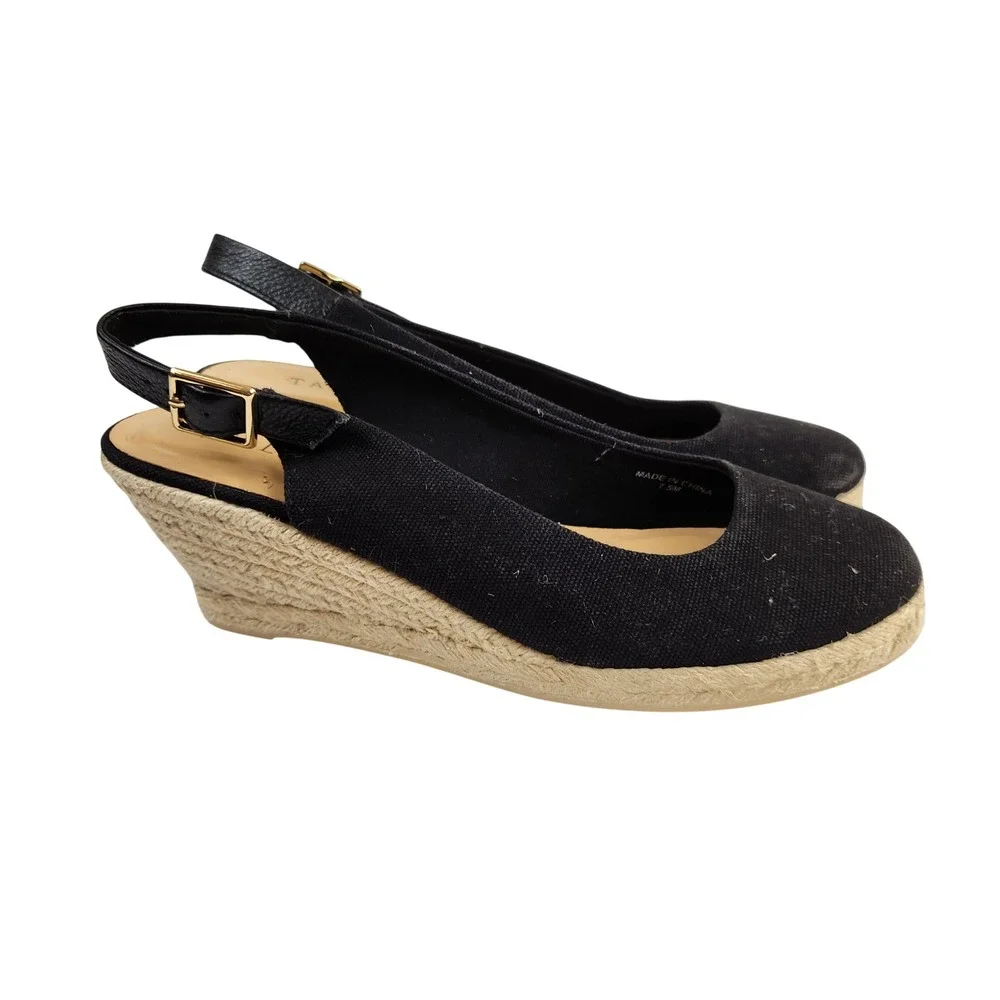 Talbots Black Canvas Slingback‎ Wedge Espadrille Heels Women's Size 7.5M